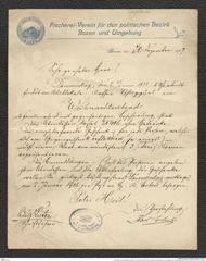 Nachlass Franz Steindachner, Brief von Fischerei-Verein für den politischen Bezirk Bozen und Umgebung an Franz Steindachner (20.12.1907), Inv.Nr. 134.01, Seite 1